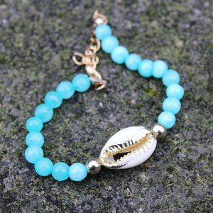 [5/$25] Blue Glass Bead Shell Bracelet Ocean Beach